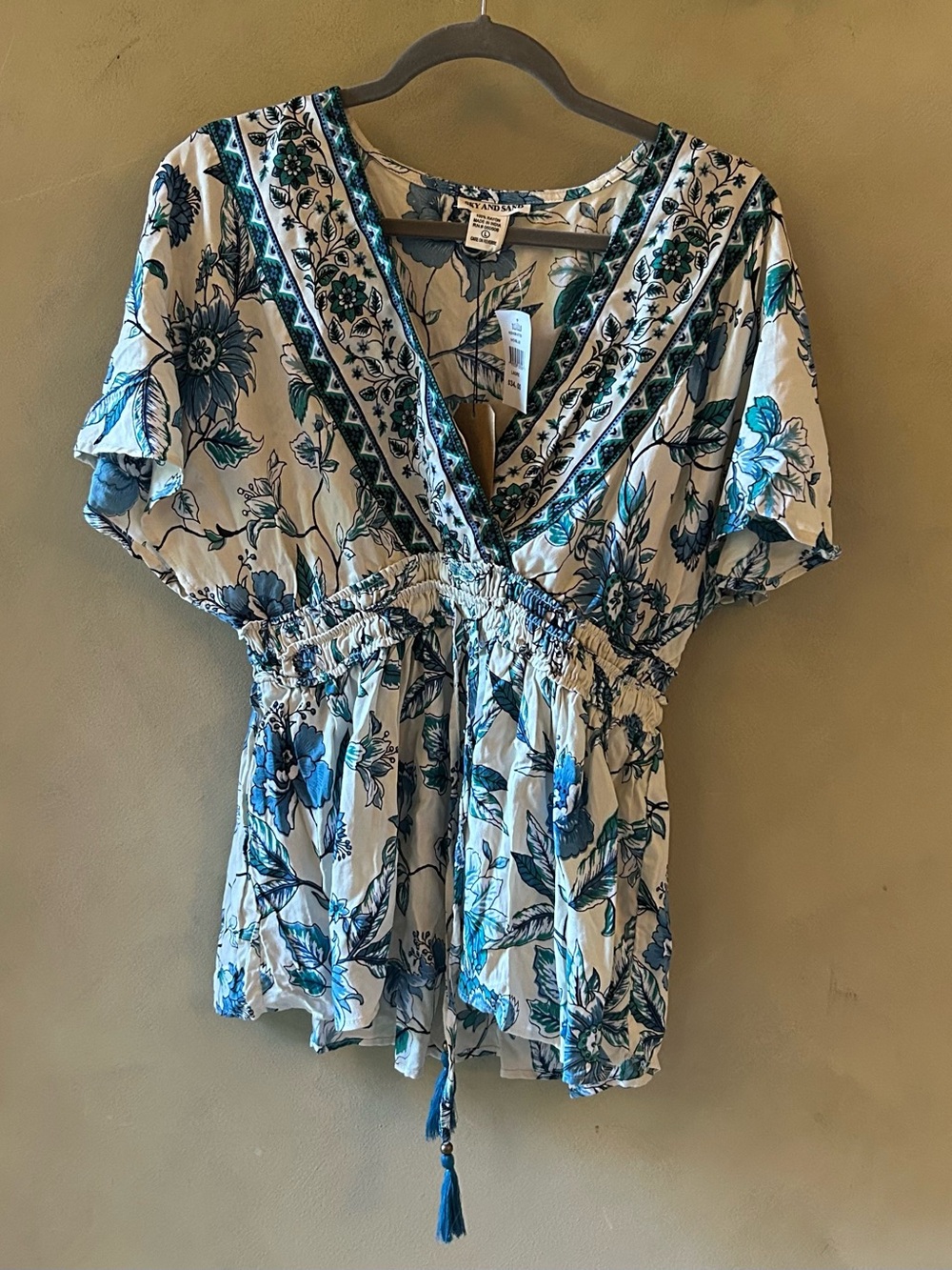 Boho Floral V-Neck Tunic Top - Blue